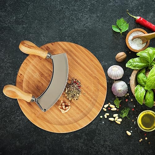 Relaxdays Hachoir Berceuse avec Planche, Bambou & Acier Inoxydable, Double Lame, diamètre de 20 cm, Nature - argenté - Nail Gallerys