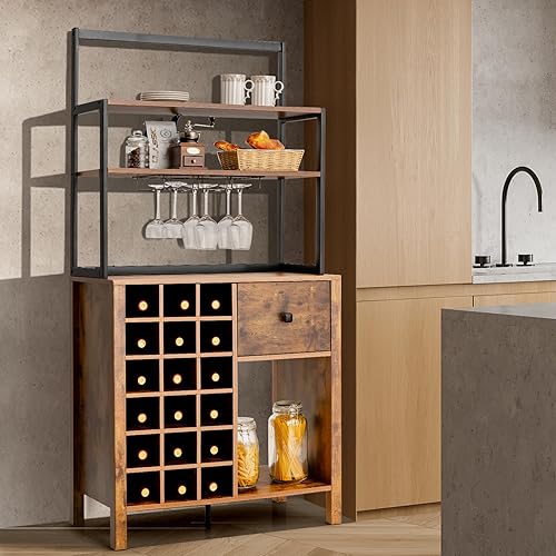 KOMFOTTEU Armoire de Cuisine avec casier à vin pour 18 bouteills, Buffet de Cuisine à 4 Niveau, Meuble Rangement avec Tiroir, 74 x 40 x 160 cm, Style Industriel - Nail Gallerys