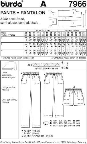 Burda B7966 Patron de Couture Pantalon 19 x 13 cm, 38-50 - Nail Gallerys