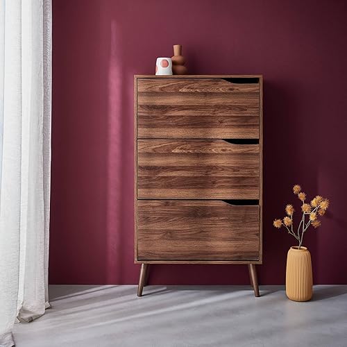 sweeek - Meuble à Chaussures scandinave décor Noyer 3 Portes abattantes capacité 18 Paires de Chaussures - Nail Gallerys