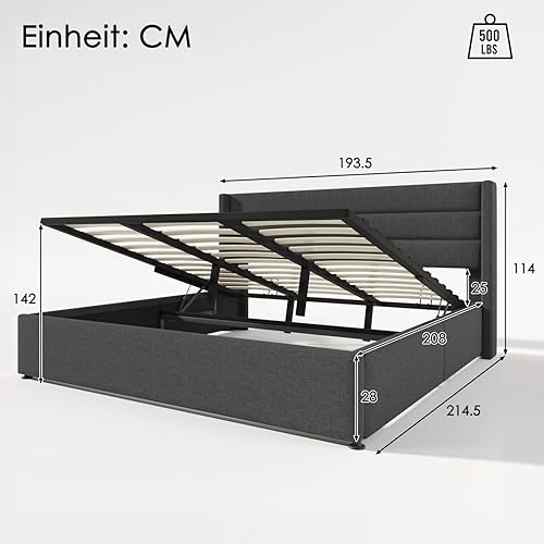 Sweiko Lit capitonné, 180 x 200 cm, hydraulique, avec sommier à lattes hydraulique, unique, avec espace de rangement, lit fonctionnel, cadre de lit avec cadre en métal, beige (sans matelas) - Nail Gallerys