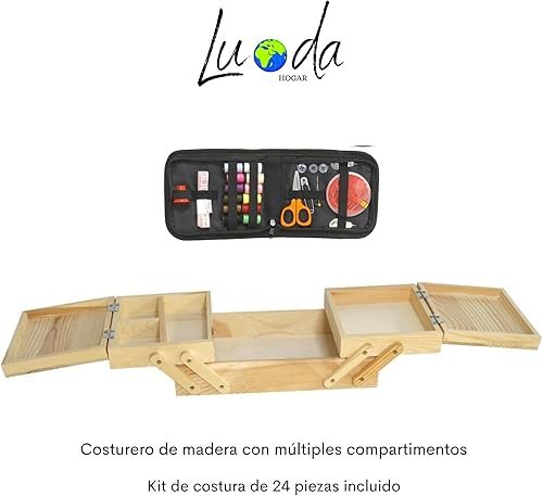 LUODA Boîte à couture en bois non traité avec plusieurs compartiments + kit de couture 24 pièces cadeau – Organiseur artisanal idéal pour fils et aiguilles - Nail Gallerys