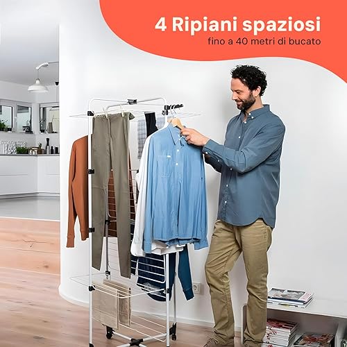 Avilia Tour Étendoir à Linge Pliable à Tour 40 m – Capacité maximale, 20 kg de Chiffons, Solution Pratique pour étendre Votre Linge – 4 Roues 360°, 2 Porte-cintres Noir – 71 x 61 x 177 cm - Nail Gallerys