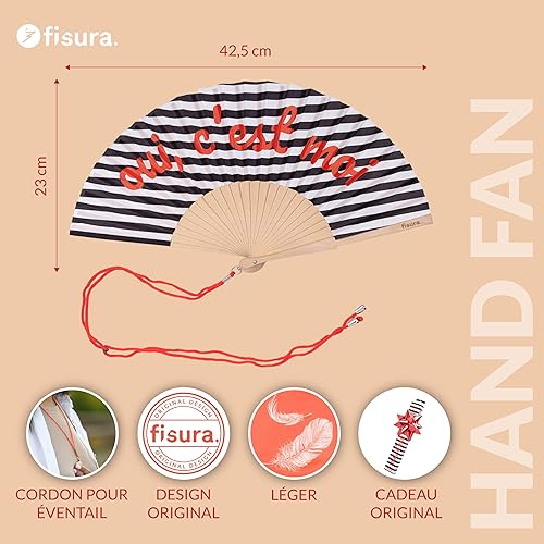 Fisura – Éventail en Bois à Rayures avec Message “Oui, c’est Moi”. Accessoire Chic et coloré, Ventilateur de Poche Noir et Blanc avec Crochet Inclus. Taille : 42,5 x 23 cm - Nail Gallerys