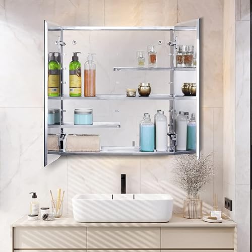 Fundin Armoire de salle de bain miroir en aluminium noir 60 x 70 cm avec porte encadrée d'angle rond et étagères réglables en verre, encastrable ou montage en saillie - Nail Gallerys