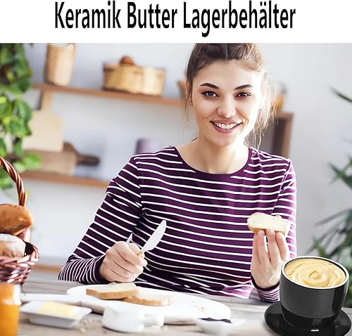 Beurrier français - En céramique - Avec couvercle rond - Refroidi à l'eau - Avec ligne d'eau - Pour beurre frais et tartinable - Noir - Nail Gallerys