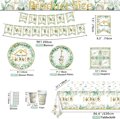 Lot de 102 décorations de fête pour pendaison de crémaillère – y compris assiettes et serviettes, tasses, bannière de bonbons, nappe pour la maison, fournitures de décoration pour la maison, pour 20 - Nail Gallerys