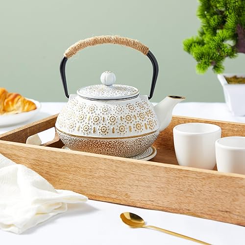 Théière Japonaise en Fonte Blanche avec Poignée, Infuseur et Dessous de Plat, 800 ml - Nail Gallerys