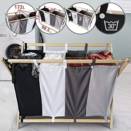 Jago® Panier à Linge - Pliable, 4 Compartiments Lavables et Amovibles, 172 l, Bois et Polyester - Corbeille, Sac, Bac à Linge Sale, Panier à Lessive pour Salle de Bain - Nail Gallerys