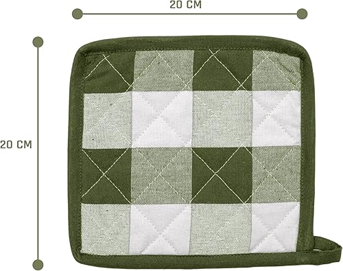 Lot de 2 maniques pratiques, à carreaux, écologiques, 100 % coton, pour casseroles, porte-casseroles, en vert et blanc, 20 x 20 cm - Nail Gallerys