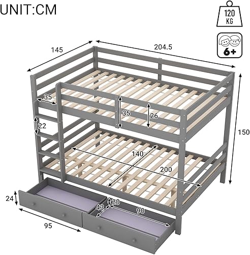 PUGSDRLY Lit Superposé en Bois 140x200cm pour Adolescent et Enfant, 2 Places avec 2 Tiroirs, Design Clôture Haute, Cadre de Lit (Gris) - Nail Gallerys