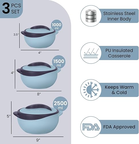 Pinnacle Lot de 3 cocottes isothermes avec couvercle 2,6/1,5/1 l – Réchauffeur de nourriture/refroidisseur – Bol de service thermique pour soupe/salade – Récipient à aliments chauds en acier - Nail Gallerys