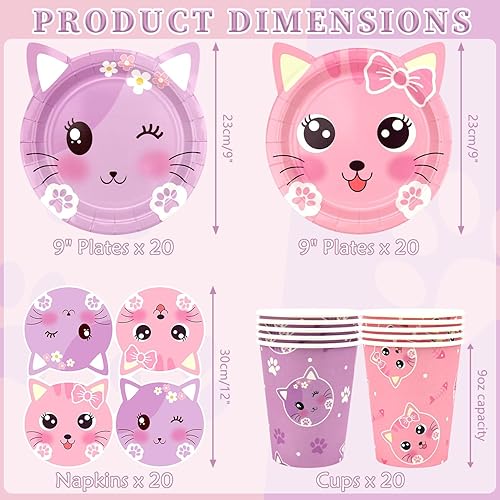Ensemble de fournitures de fête d'anniversaire pour chat comprenant assiettes, serviettes, tasses pour enfants, décorations de fête de chat, pour 20 invités (style A) - Nail Gallerys