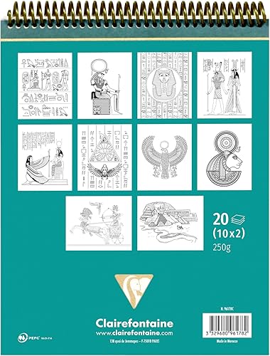 Clairefontaine 96178C - Bloc Spiralé de 20 Feuilles de Papier Dessin Blanc 250g/m² à Colorier - Format 25x20 cm - Loisirs Créatifs et Coloriage Adultes et Enfants - Thème Egypte (10 Motifs x2) - Nail Gallerys