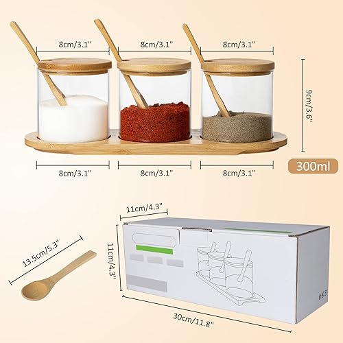 Joeyan 300ml Pots à Épices avec Couvercle, Cuillère et Bas - Lot de 3 Bocaux à Condiments en Verre -Bocal de Rangement Cuisine pour Sel, Sucre, Poivre - Nail Gallerys