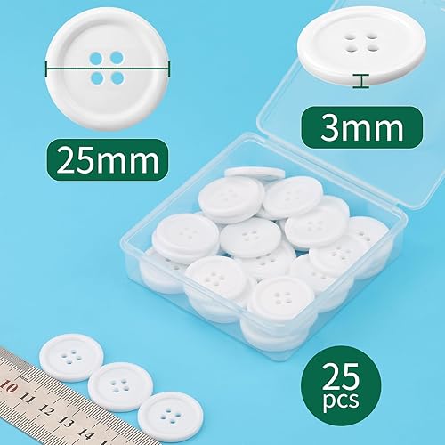 Lot de 20 boutons ronds en résine - 25 mm - Blanc - 4 trous - Pour le bricolage - Avec boîte de rangement - Pour vêtements, couture, bricolage et décoration - Nail Gallerys
