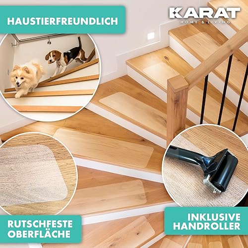 KARAT Lot de 15 tapis d'escalier, transparents, 60 x 10 cm, bandes antidérapantes autocollantes avec rouleau de montage, tapis pour escaliers en bois, bandes antidérapantes pour escaliers en bois - Nail Gallerys