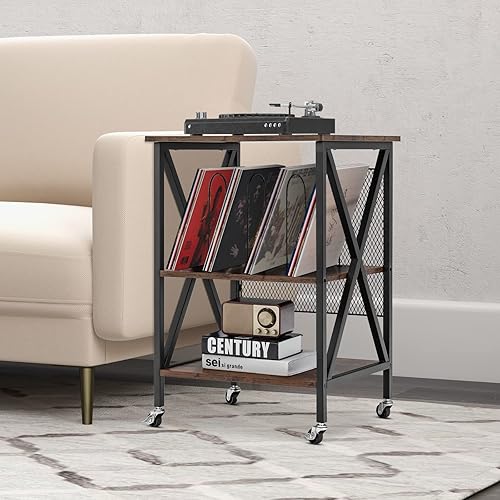 GOPLUS Meuble Vinyle Platine à 3 Niveaux avec Station de Charge, roulettes Verrouillables, Cadre en Métal, Table d'Appoint pour 250 Vinyles pour Salon, Bureau, 52x45x75cm (Marron Rustique) - Nail Gallerys