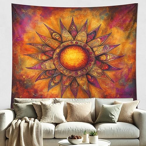 Tapisserie murale colorée bohème mandala orange jaune pour décoration d'intérieur, esthétique pour salon, chambre à coucher, style artistique 152,4 x 203,2 cm - Nail Gallerys