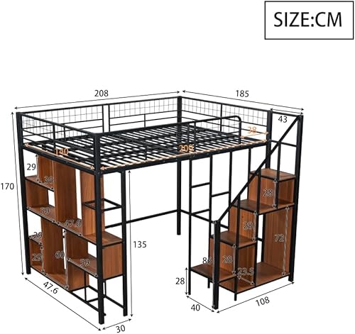Seyakany Lit Mezzanine Multifonctionnel 140 x 200 cm, lit Mezzanine Enfant avec rangements, étagères et escalier, Matériau métallique, Convient aux Adultes et aux Enfants, Noir - Nail Gallerys
