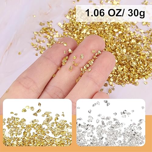 QUARKZMAN 6 Couleurs Verre A Écraser Paillettes 2-4mm Irrégulier Éclats Paillettes, Métallique Grosse Paillettes Pierres pour Résine Art, Clou Artisanat (Or Argent, 1,06 oz /30g) - Nail Gallerys