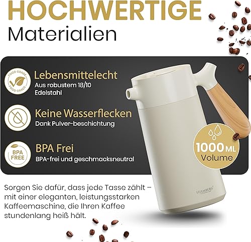HEEMBURG Cafetière à piston French Coffee Press 1 l - Thermos en acier inoxydable de qualité supérieure avec filtre supplémentaire - Cafetière isolée à double paroi pour un café et un thé parfaits - Nail Gallerys