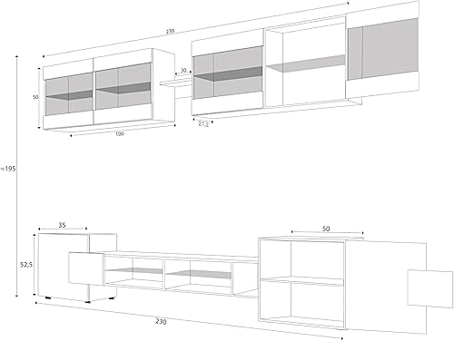 Komodee, Ensembles de Meubles RTV Foggia, Wotan Noir, Largeur 230cm x Hauteur 195cm x Profondeur 35cm, LED Bleues, pour Salon, Chambre - Nail Gallerys