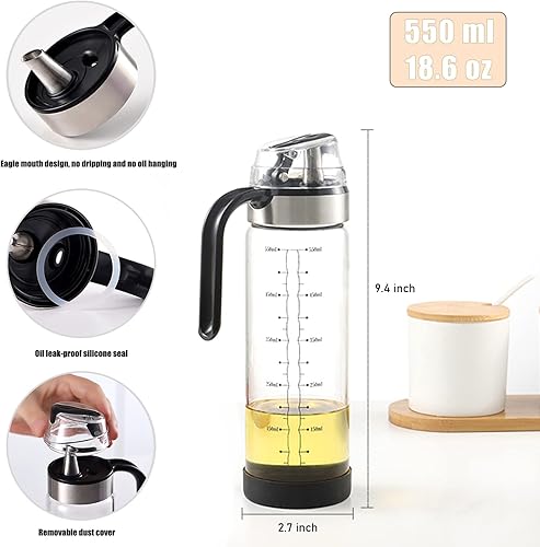 RICHSUM Bouteille d'huile en verre automatique 550 ml – Récipient à huile d'olive anti-fuite avec fonction basculante, couvercle automatique et bouchon, poignée antidérapante pour cuire du vinaigre, - Nail Gallerys