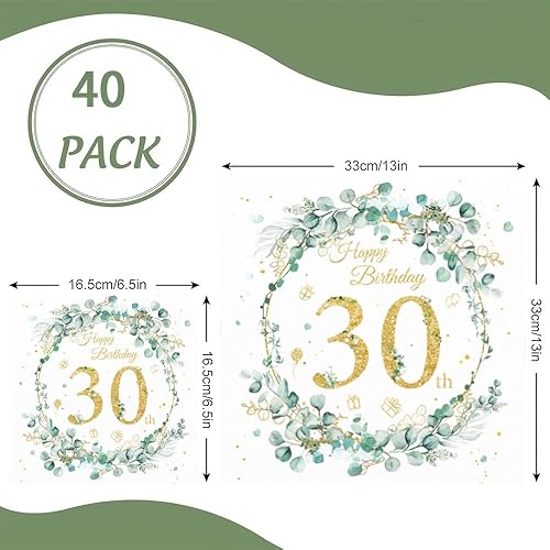 Lot de 40 serviettes décoratives en papier pour 80e anniversaire - Vert eucalyptus - Happy Birthday - 80 serviettes en papier pour 80e anniversaire de femme - Nail Gallerys