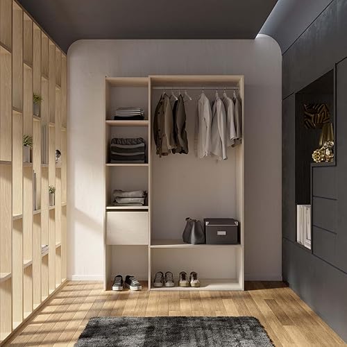 Demeyere Kit Dressing Ouvert Extensible avec Penderie 4 Niches & 1 Tiroir en Bois – Coloris Chêne Topanga-120 x 183 x 40 cm - Nail Gallerys