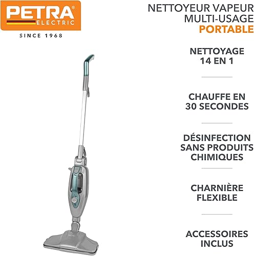 Petra PF01369VDE Nettoyeur vapeur vertical 14 en 1, conversion appareil à main, multi-usage, sans produits chimiques, assainisseur sols/tapis/maison, réservoir 350 ml, accessoires inclus, 1 300 W - Nail Gallerys