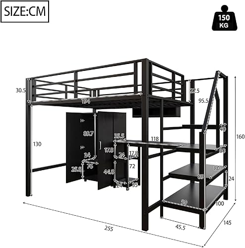 PUGSDRLY Lit Mezzanine 2 Place,Lit Mezzanine Enfant 140x200cm avec Escalier de Rangement,Bureau et Armoire,Design de Clôture Haute,Cadre de lit en Fer pour Adolescent (Noir) - Nail Gallerys