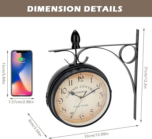 Horloge de Gare Rétro Double Face, Horloge Murale étanche, Antique Horloge Murale de Gare avec Potence de Fixation Pendule Double Face pour L’intérieur et L’extérieur Maison Terrasse Jardin 33x31 cm - Nail Gallerys