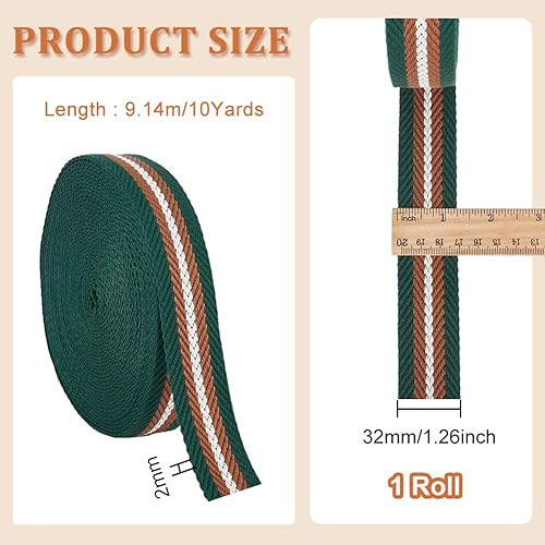 BENECREAT Sangle Rayée en Polyester 9,14m - Bords en Tissu Vert Foncé 32mm de Large - Sangle Plate en Coton Polyester pour Poignées de Sac, Ceintures, Couture - Nail Gallerys