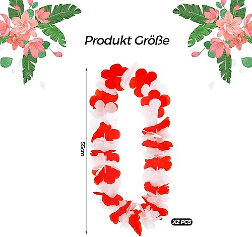 ALEGRE® Lot de 2 chaînes de fleurs rouges et blanches - Décoration de carnaval hawaïen - Accessoires photo - Chaîne de fleurs rouges et blanches pour hawaïen, anniversaire, plage tropicale, carnaval - Nail Gallerys
