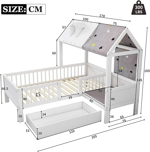 Sweiko Lit d'enfant 90 * 200cm en Bois en Forme de Maison, lit Simple Multifonctionnel, Cadre de lit avec tiroirs, sans Matelas - Nail Gallerys