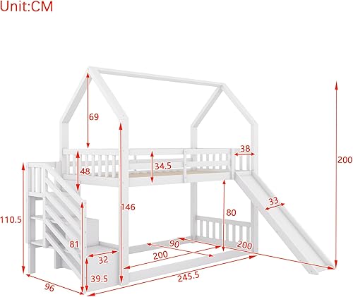 Btghbed Lit Superposé avec Escalier de Rangement et Toboggan, Lit Enfant avec Balustrade, Lit Double en Bois Massif pour Enfants et Adolescents, Lit Cabane 90x200cm - Nail Gallerys