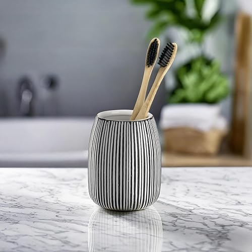 WENKO Pascoli Gobelet à Brosse à Dents en céramique autoportant, Surface structurée, pour Salle de Bain, Blanc, Noir, diamètre : 9 cm, Hauteur : 10,5 cm - Nail Gallerys
