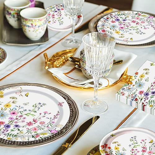BACH AND BOOZY 52pcs fleur party vaisselle kit fleur assiette anniversaire vaisselles anniversaire assiette dîner papier tasse serviette réutilisable couverts party fête decoration - Nail Gallerys