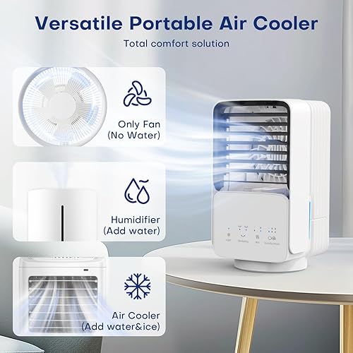OMISOON Climatiseur Mobile, Climatiseur Portable 4-en-1, Refroidisseur d'air de 800ml, 60°/120° Oscillation, 3 Vitesses, 2 Modes de Brume, Mini Climatiseur avec Lumière LED, Idéal pour Maison, Bureau - Nail Gallerys