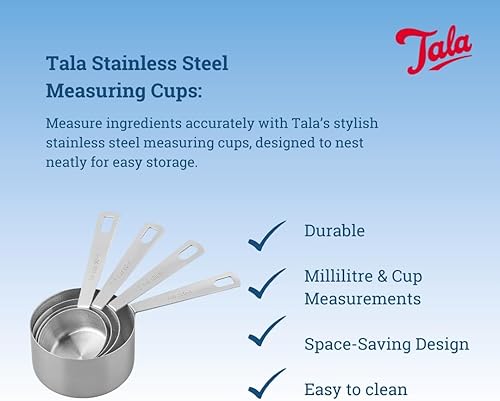 Tala Set de 4 Tasses Doseuses en Acier Inoxydable, Mesures en Millilitres et en Tasses, Empilables pour un Rangement Facile, Argent Métallique - Nail Gallerys