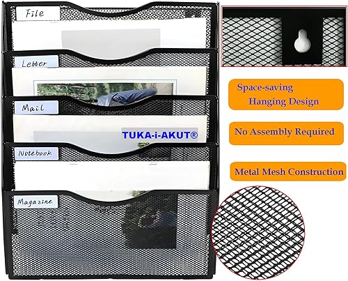TUKA-i-AKUT 5 Niveaux Porte Revues Mural A4 Paysage, Maille Métal Support de Fichiers Suspendu avec Motif d'étiquette, Organisateur Suspendu Magazines Brochures Documents Lettres Noir TKD8660-5F - Nail Gallerys