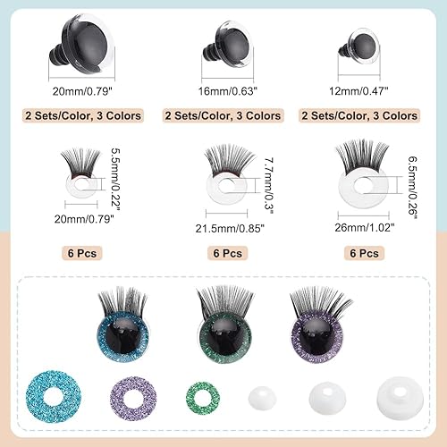PH PandaHall 18 set Yeux de Sécurité à Paillettes 12/16/20 mm Yeux au Crochet avec Cils Artisanat Yeux D'Animaux Yeux en Plastique avec Rondelle pour Amigurumi Ours en peluche Animaux au crochet - Nail Gallerys