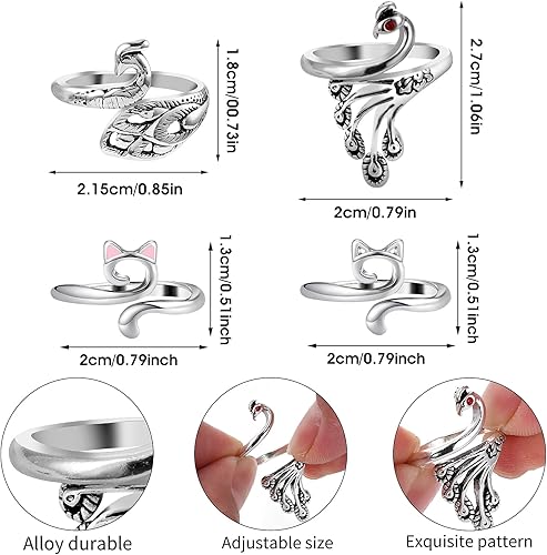 Dimeho Lot de 4 anneaux de tricot réglables pour crochet - Support de fil - Paon - Chat - Crochet tressé ouvert - Pour loisirs créatifs - Pour femme - Mère - Grand-mère - Cadeau de Thanksgiving - Nail Gallerys
