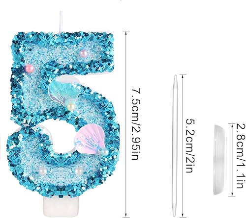 KINBOM 7,5cm Bougie Numéro d'Anniversaire, Bleu Bougies d'Anniversaire Scintillante Bougie Coquillage Paillettes Bougies Chiffres pour Anniversaire Fête sur le Thème de la Sirène (Numéro 7) - Nail Gallerys