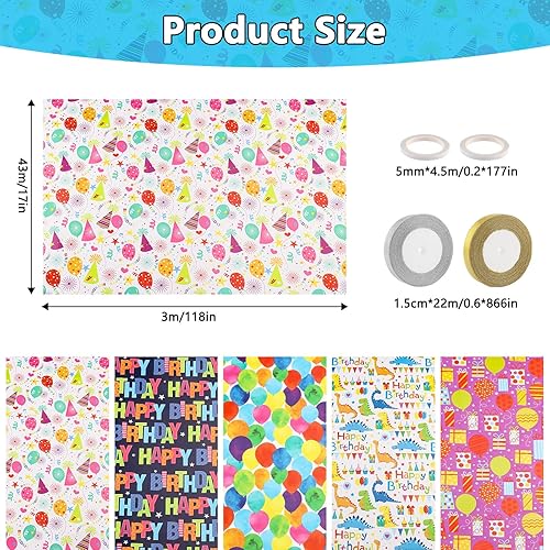 Foydream Papier Cadeau Anniversaire, 5 Rouleaux Papier Cadeau 43 cm x 300 cm pour Toutes Les Fêtes d'Anniversaire et Occasions Spéciales - Nail Gallerys