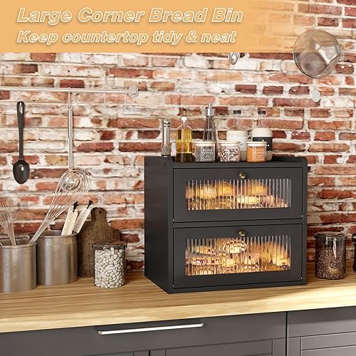 Alpeir Grande boîte à pain double couche pour comptoir de cuisine, récipient de rangement d'angle en bois avec fenêtre en acrylique, noir - Nail Gallerys