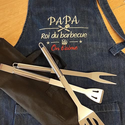 Tablier de barbecue en jean's denim personnalisé et brodé avec un prénom, un texte, cadeau anniversaire, noel, fete des peres, fete des meres, top qualité - Nail Gallerys