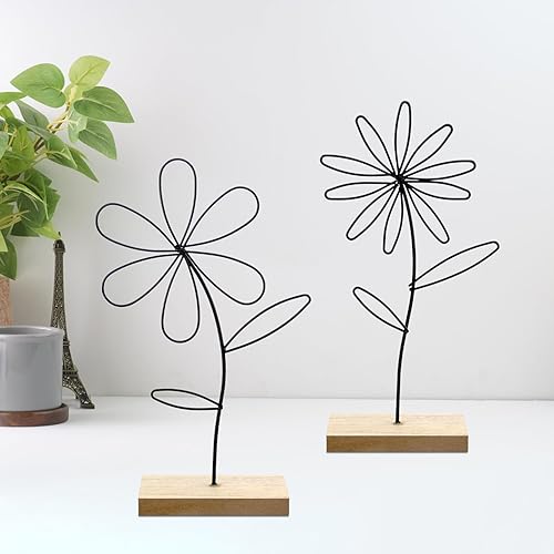 DAKLUNAR Lot de 2 fleurs décoratives en métal de qualité supérieure sur socle en bois - Décoration florale - Anneau en métal - Décoration florale - Fleur décorative en métal à poser et à offrir - Nail Gallerys