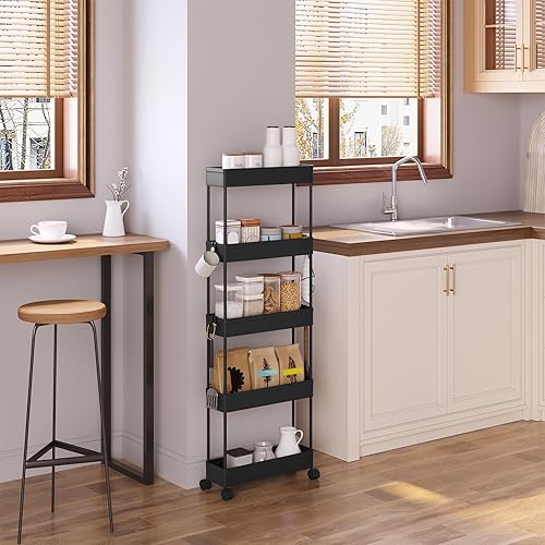 Klihome Chariot à roulettes, Chariot Étoite à 5 Niveaux, Étagère de Rangement Roulante avec 4 Crochets, pour Cuisine, Salle de Bain, 39x12,5x107,5 cm, Blanc - Nail Gallerys